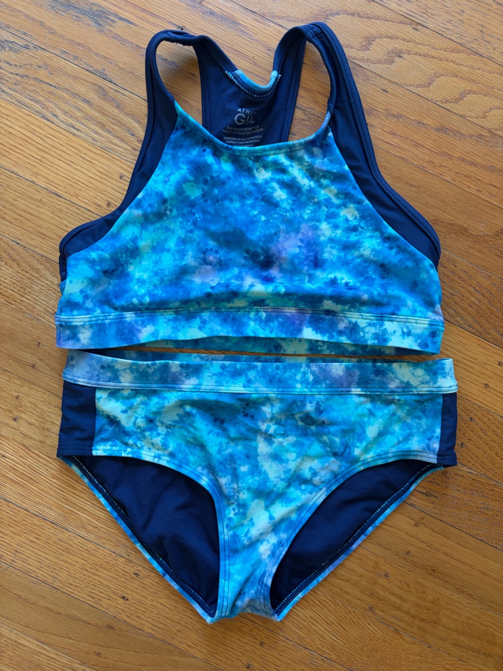 Athleta Girl L 12 Blue Tie-Dye Racerback Two-Piece bikini (please note pilling)